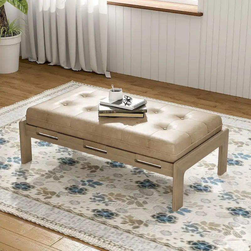 Otomana rectangular capitoné tapizada de 48.4, mesa de centro de cuero con estructura de madera de caucho