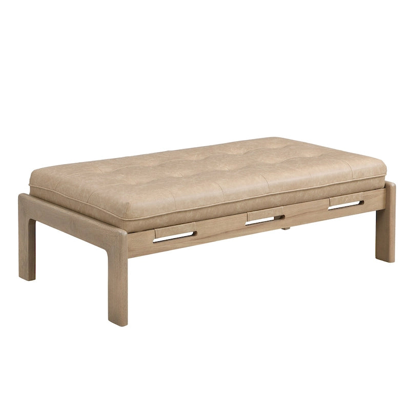 Otomana rectangular capitoné tapizada de 48.4, mesa de centro de cuero con estructura de madera de caucho