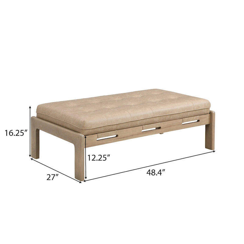 Table basse rectangulaire de 48.4 avec capitonnage, revêtement en cuir et cadre en bois d’hévéa