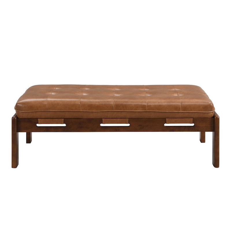 Table basse rectangulaire de 48.4 avec capitonnage, revêtement en cuir et cadre en bois d’hévéa