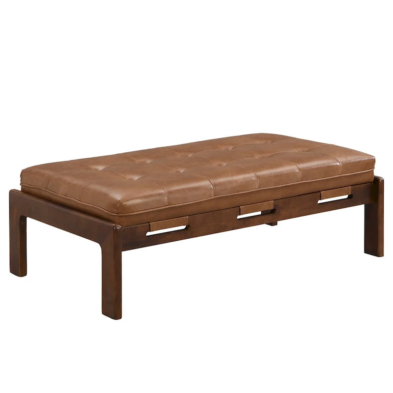 Table basse rectangulaire de 48.4 avec capitonnage, revêtement en cuir et cadre en bois d’hévéa