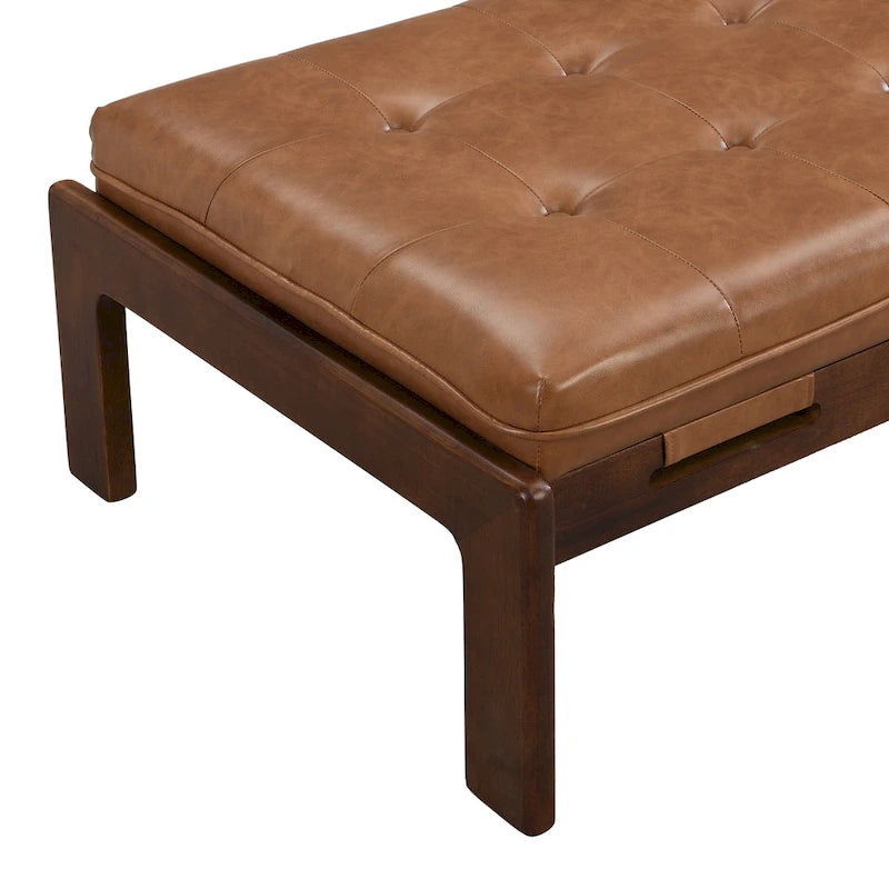 Table basse rectangulaire de 48.4 avec capitonnage, revêtement en cuir et cadre en bois d’hévéa
