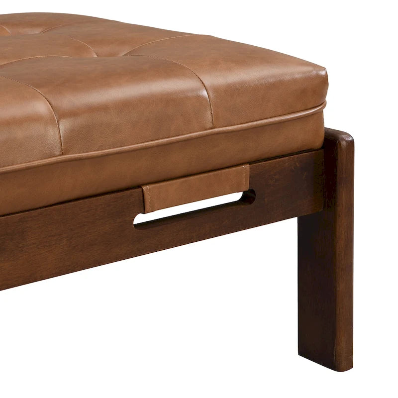 Table basse rectangulaire de 48.4 avec capitonnage, revêtement en cuir et cadre en bois d’hévéa