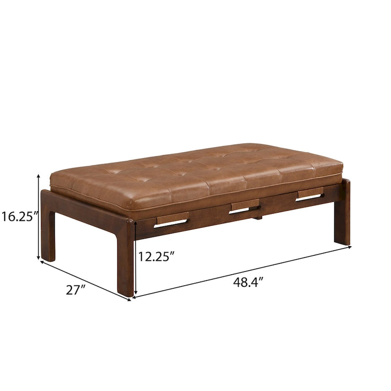 Table basse rectangulaire de 48.4 avec capitonnage, revêtement en cuir et cadre en bois d’hévéa