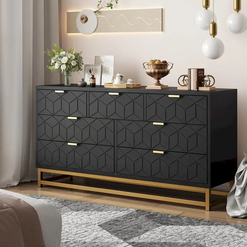 Commode à 7 tiroirs pour chambre, grande commode de 53.5 avec pieds en métal