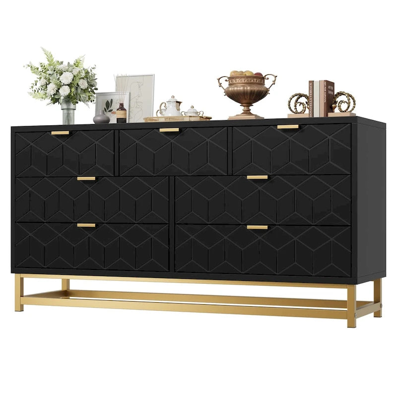 Kommode fürs Schlafzimmer mit 7 Schubladen, große Kommode mit 53.5 und Metallbeinen