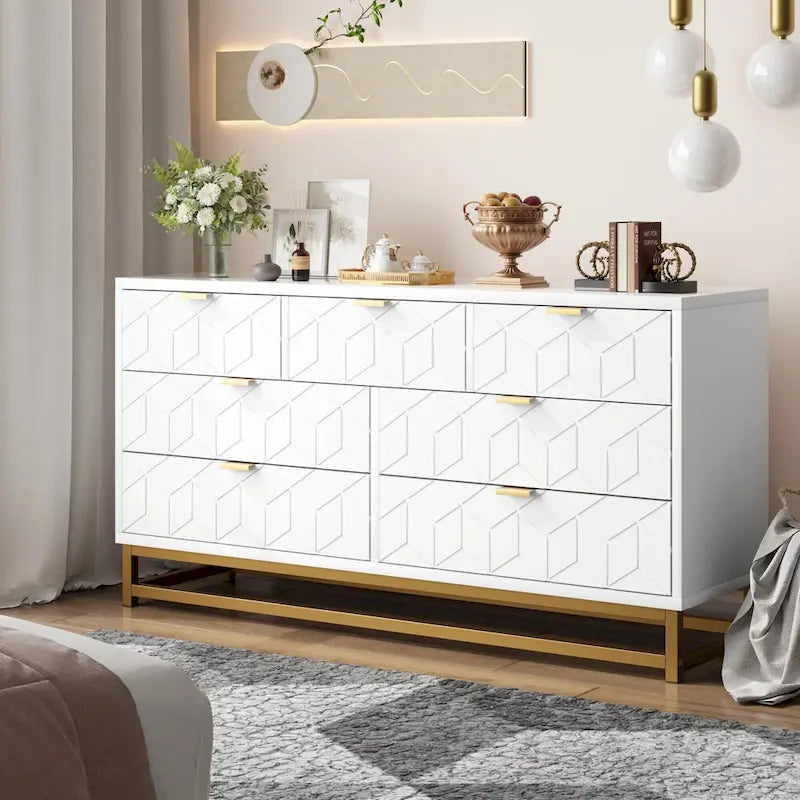 Commode à 7 tiroirs pour chambre, grande commode de 53.5 avec pieds en métal