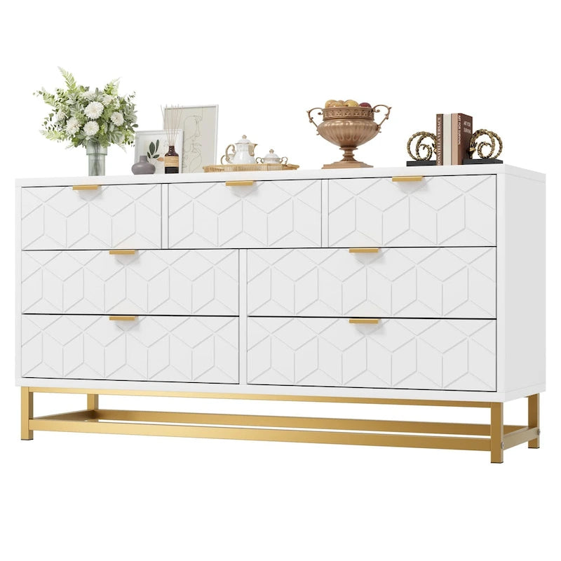 Kommode fürs Schlafzimmer mit 7 Schubladen, große Kommode mit 53.5 und Metallbeinen