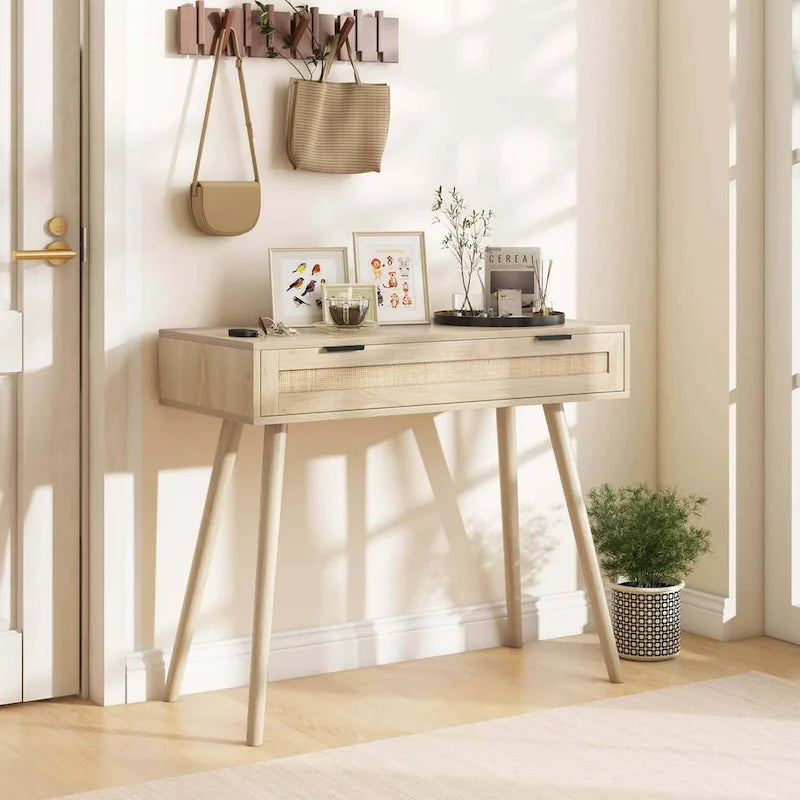 Console en rotin avec tiroir coulissant, style bohème pour l’entrée - Voir les détails