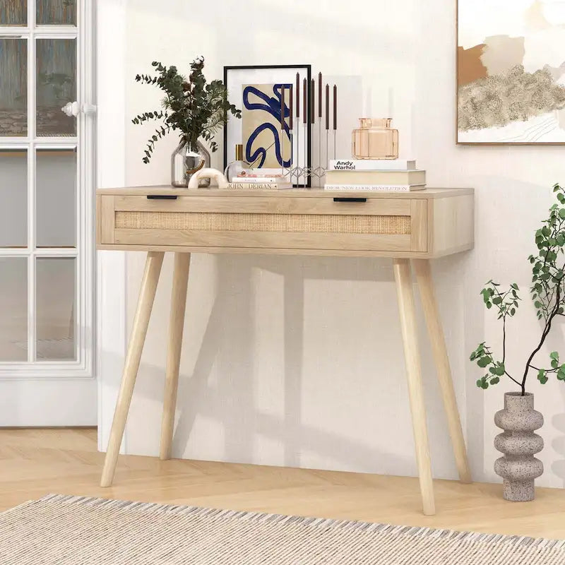 Console en rotin avec tiroir coulissant, style bohème pour l’entrée - Voir les détails
