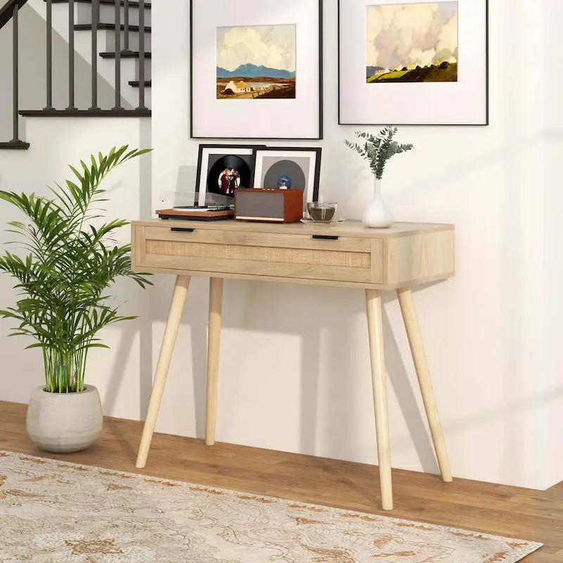 Console en rotin avec tiroir coulissant, style bohème pour l’entrée - Voir les détails