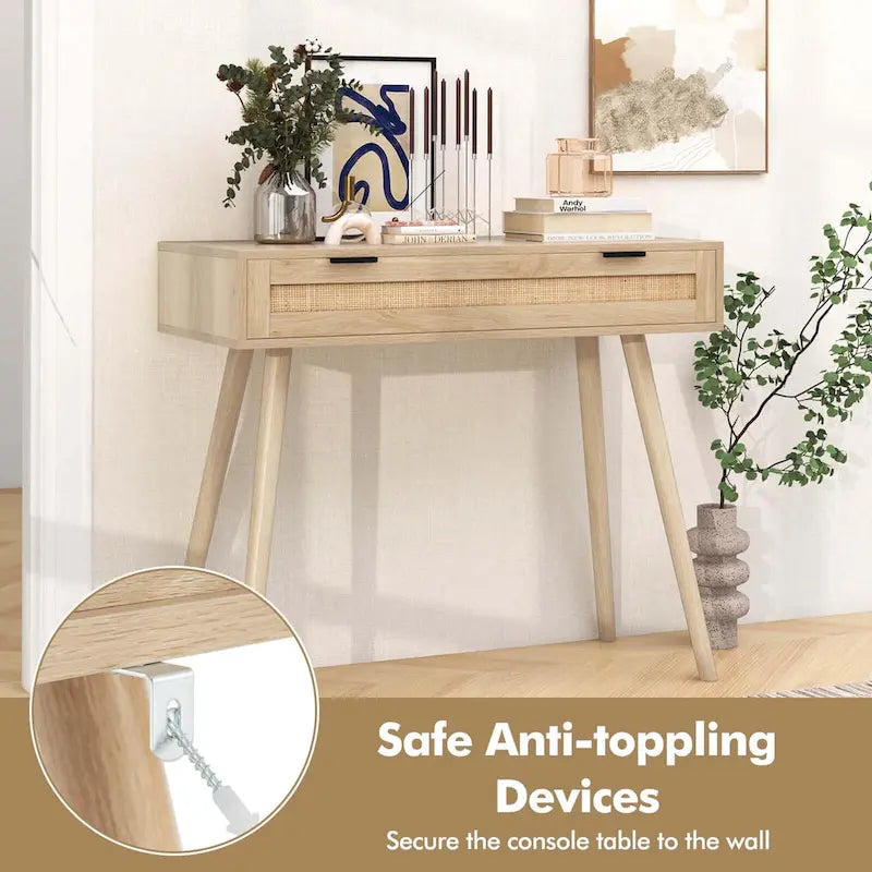 Console en rotin avec tiroir coulissant, style bohème pour l’entrée - Voir les détails