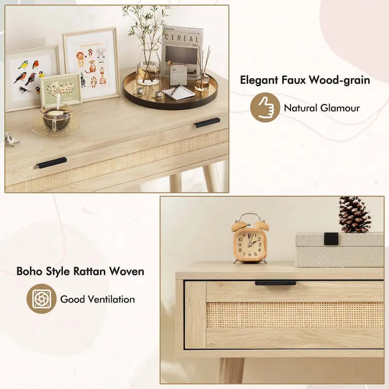 Console en rotin avec tiroir coulissant, style bohème pour l’entrée - Voir les détails