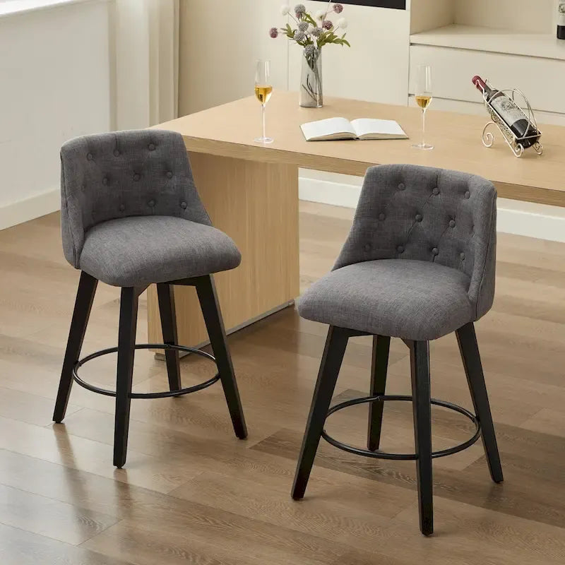 Moderne Drehbarhocker mit Leinenbezug, 2er-Set, mit geknöpfter Rückenlehne und Massivholzgestell