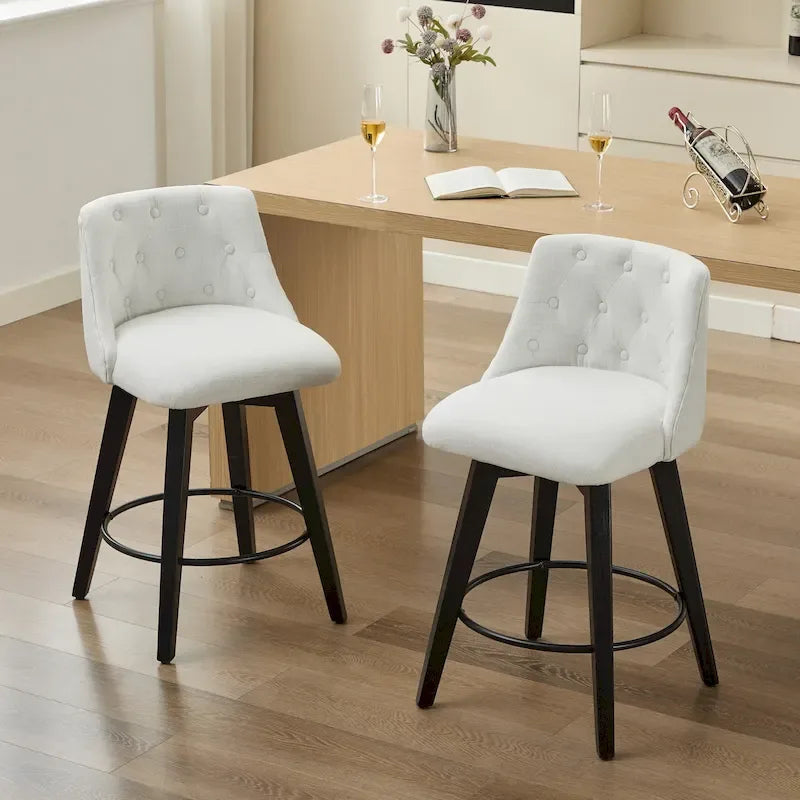 Moderne Drehbarhocker mit Leinenbezug, 2er-Set, mit geknöpfter Rückenlehne und Massivholzgestell