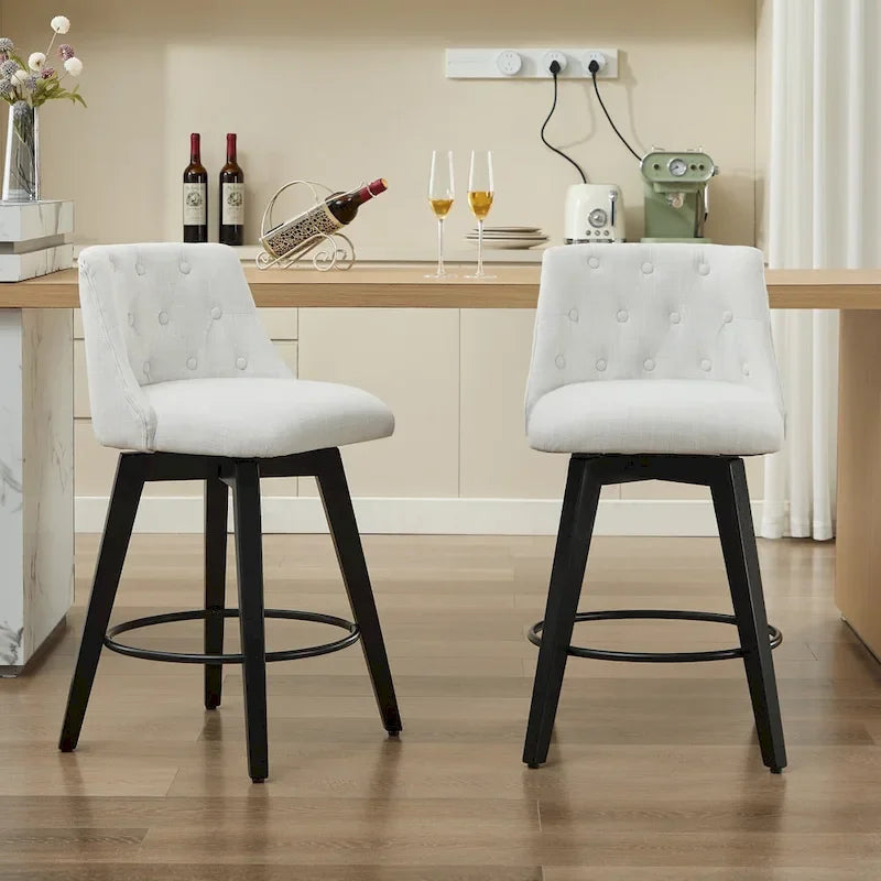 Moderne Drehbarhocker mit Leinenbezug, 2er-Set, mit geknöpfter Rückenlehne und Massivholzgestell
