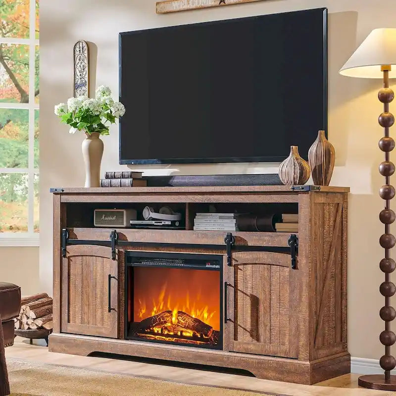 Meuble TV avec cheminée style maison de campagne, centre de divertissement avec porte cintrée