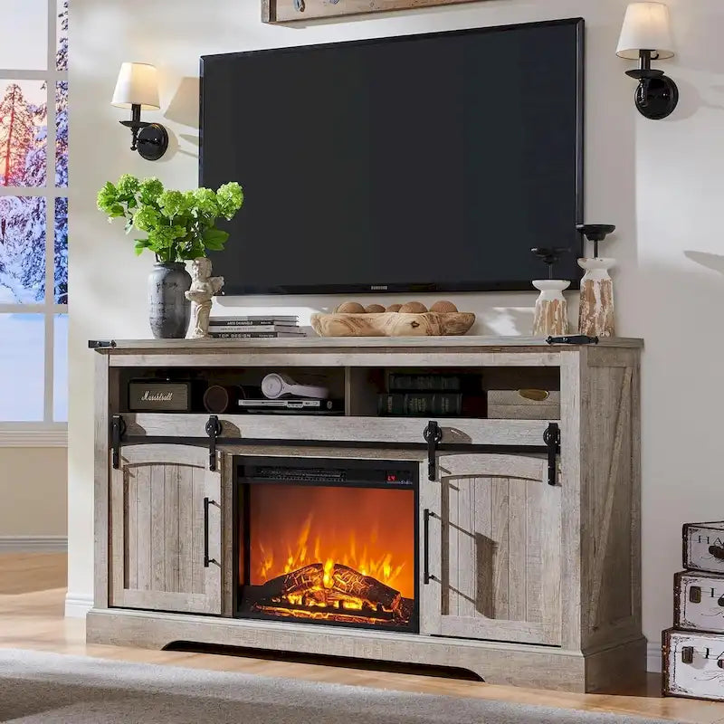 Meuble TV avec cheminée style maison de campagne, centre de divertissement avec porte cintrée