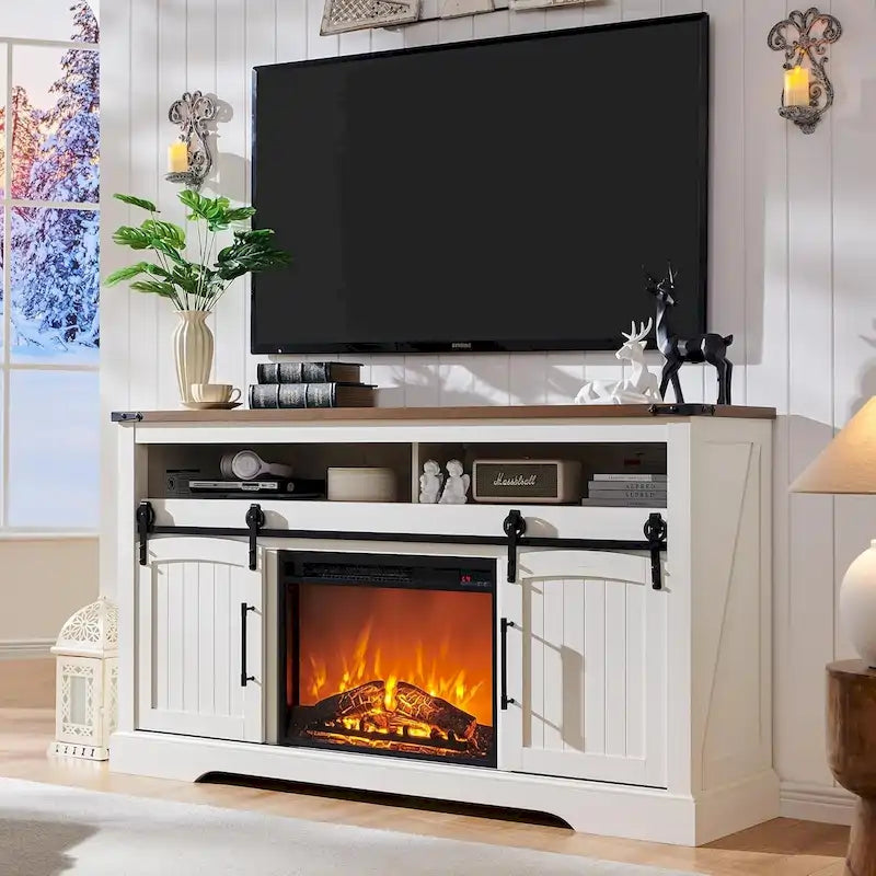 Meuble TV avec cheminée style maison de campagne, centre de divertissement avec porte cintrée