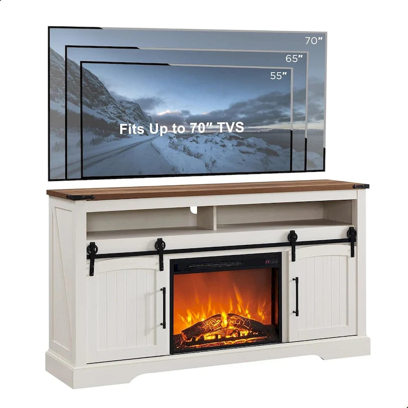 Meuble TV avec cheminée style maison de campagne, centre de divertissement avec porte cintrée