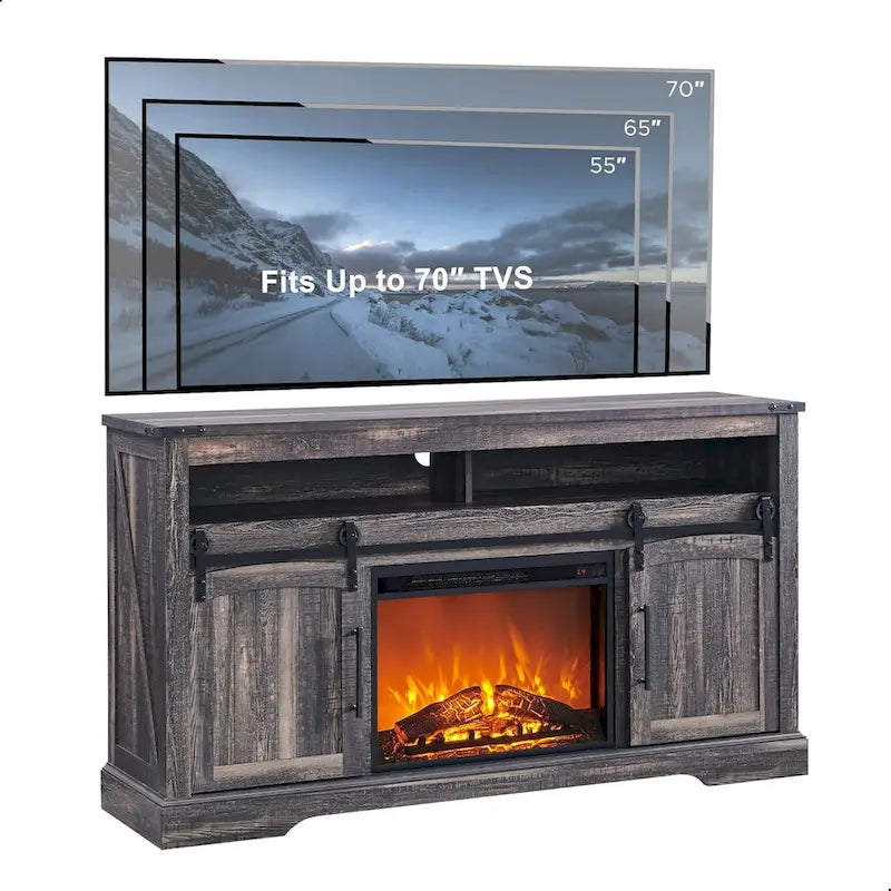 Meuble TV avec cheminée style maison de campagne, centre de divertissement avec porte cintrée