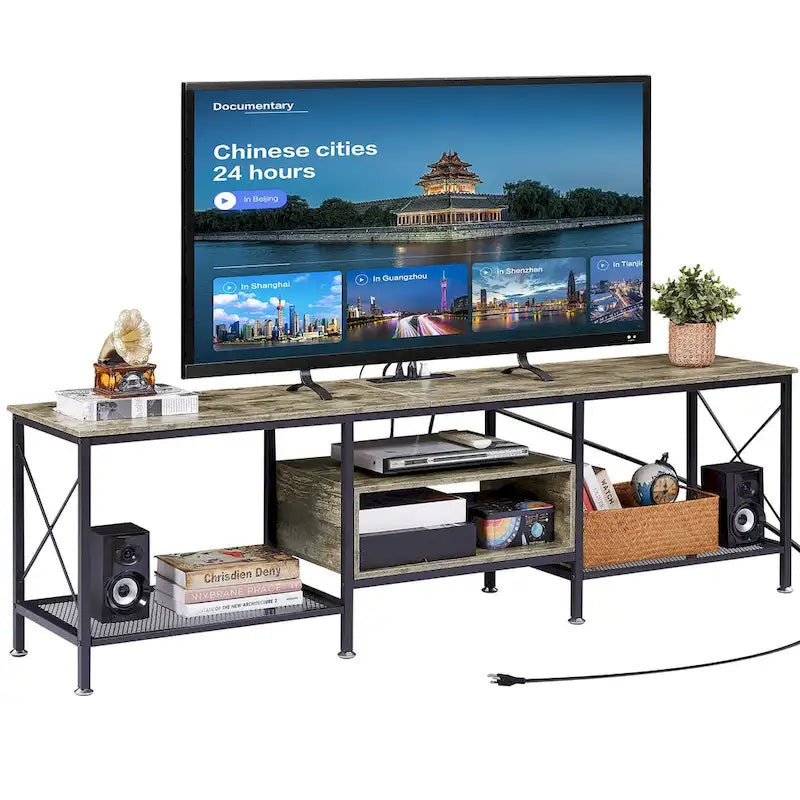 Meuble TV en bois avec station de recharge, étagères de rangement et armoire multimédia