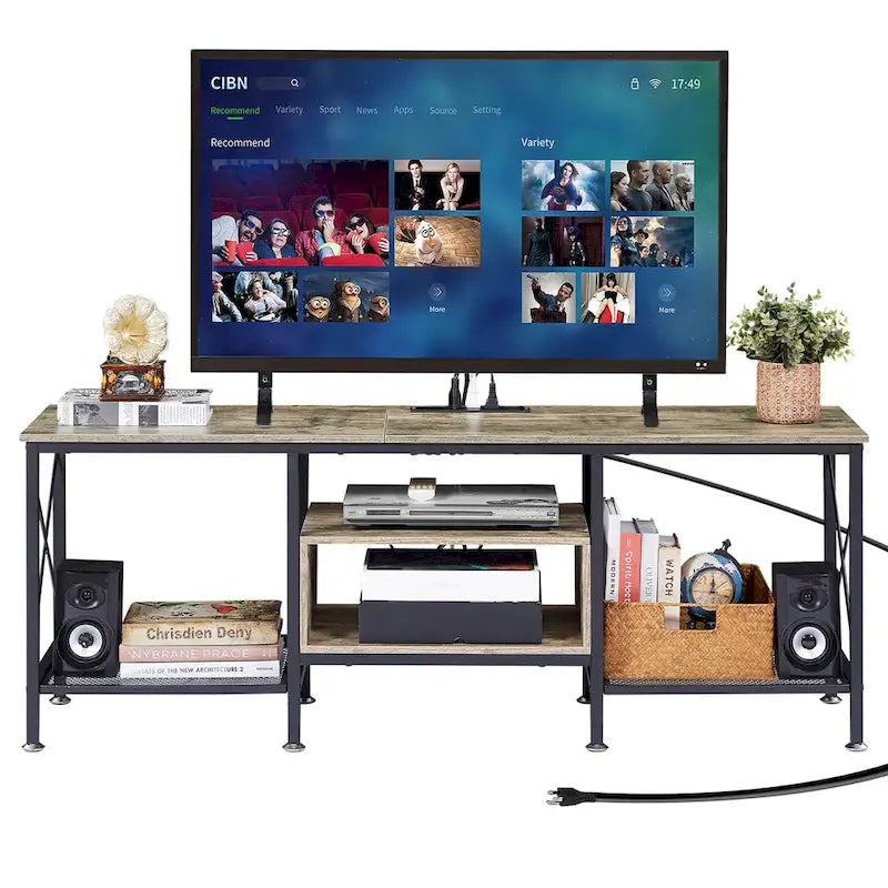 Meuble TV en bois avec station de recharge, étagères de rangement et armoire multimédia