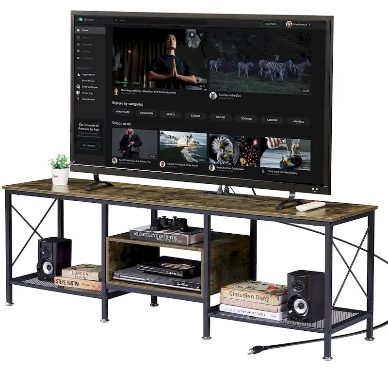 Meuble TV en bois avec station de recharge, étagères de rangement et armoire multimédia
