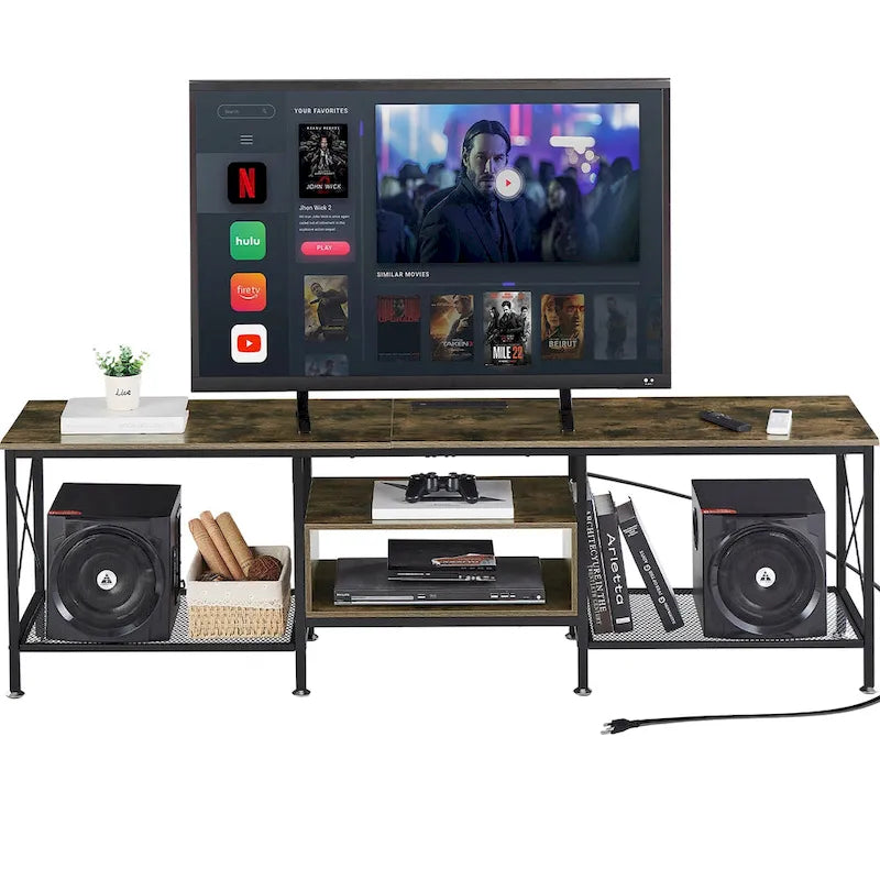 Meuble TV en bois avec station de recharge, étagères de rangement et armoire multimédia