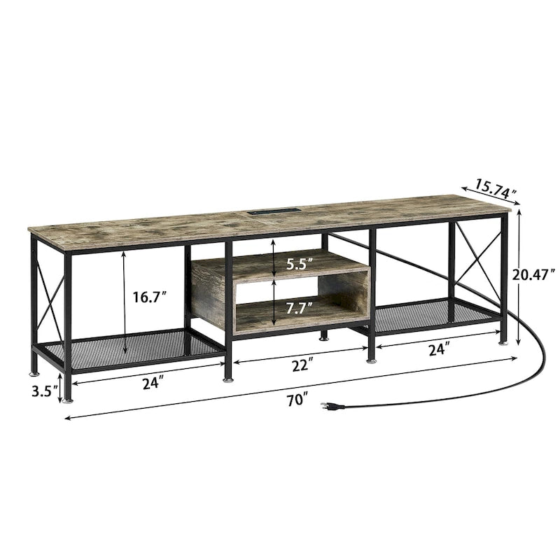 Meuble TV en bois avec station de recharge, étagères de rangement et armoire multimédia