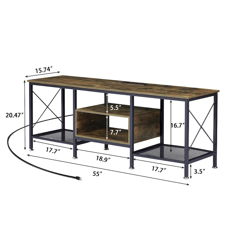 Meuble TV en bois avec station de recharge, étagères de rangement et armoire multimédia
