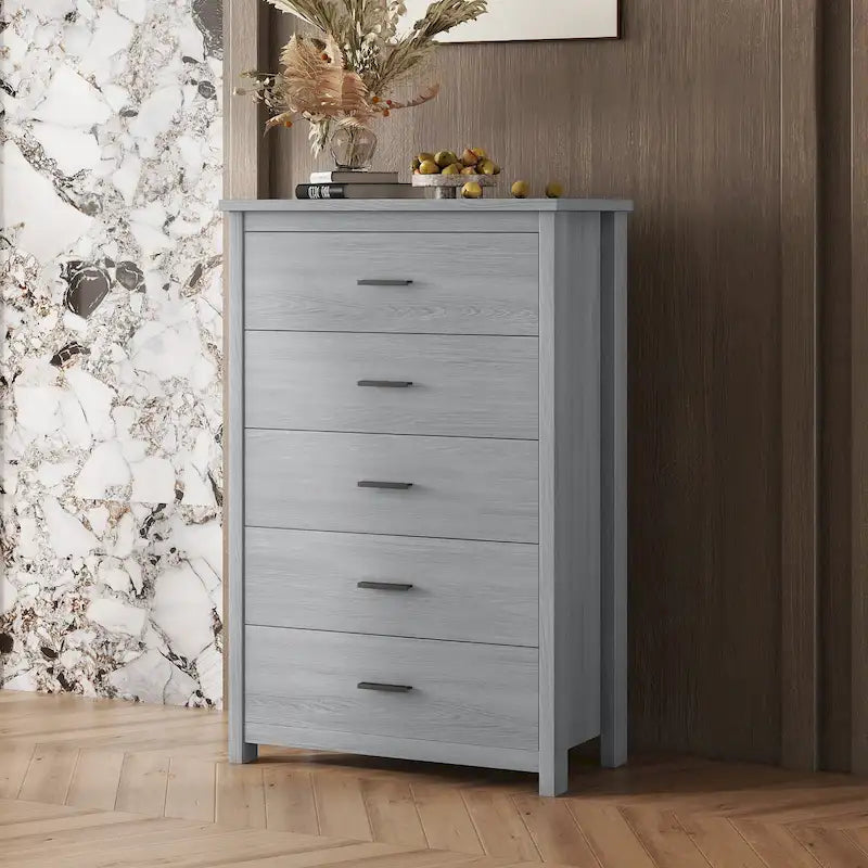 Commode verticale rétro en bois à 5 tiroirs avec poignées en métal pour chambre