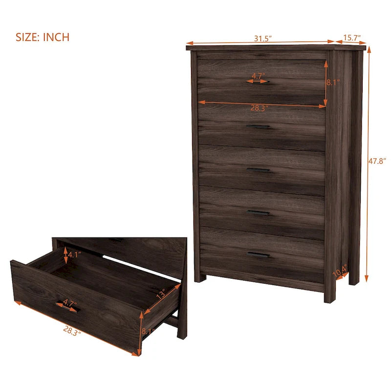 Commode verticale rétro en bois à 5 tiroirs avec poignées en métal pour chambre