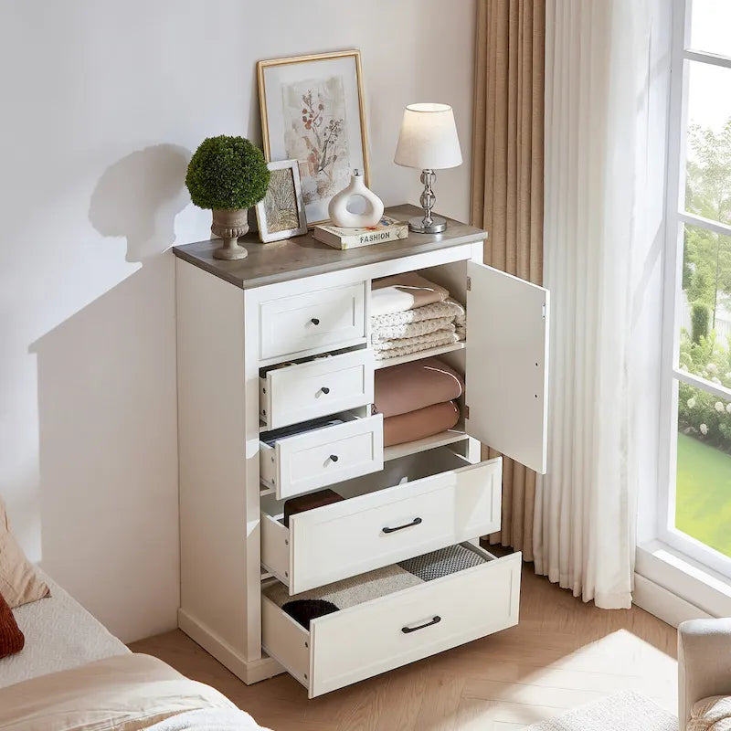 Kommode im Landhausstil mit 5 Schubladen, hohe Schubladenkommode und Stauraumorganizer fürs Wohnzimmer