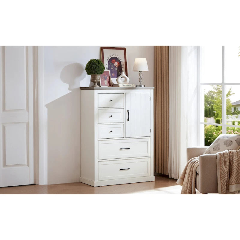 Kommode im Landhausstil mit 5 Schubladen, hohe Schubladenkommode und Stauraumorganizer fürs Wohnzimmer