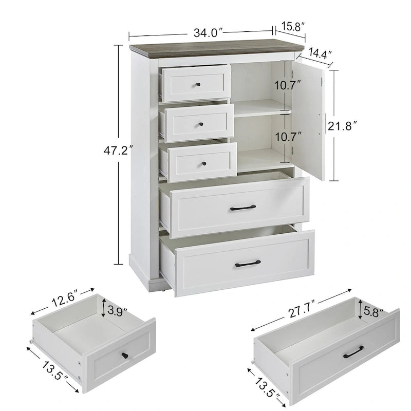 Kommode im Landhausstil mit 5 Schubladen, hohe Schubladenkommode und Stauraumorganizer fürs Wohnzimmer