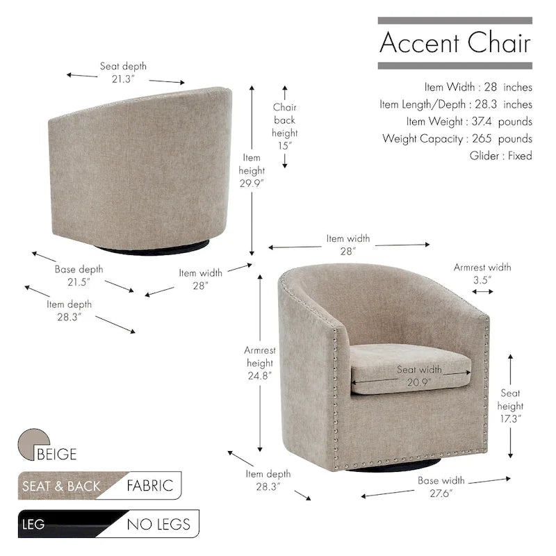 Fauteuil d’appoint pivotant en tissu, forme tonneau