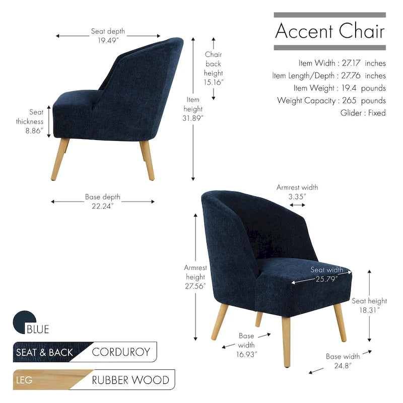 Fauteuil d’appoint tonneau en velours côtelé avec pieds en bois d’hévéa