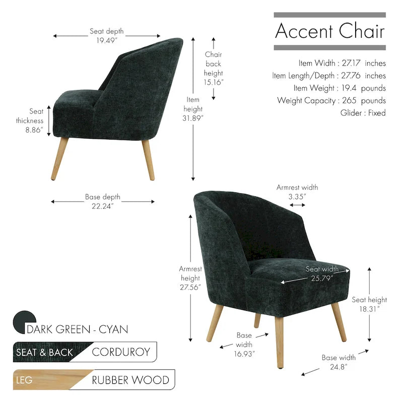 Fauteuil d’appoint tonneau en velours côtelé avec pieds en bois d’hévéa