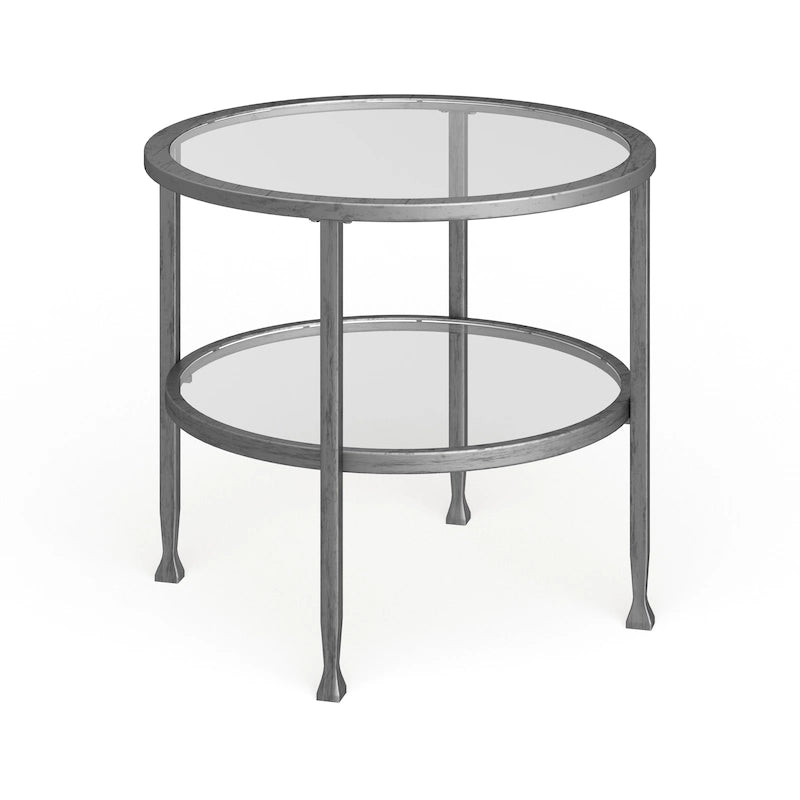 Table d’appoint ronde en métal argenté avec étagère