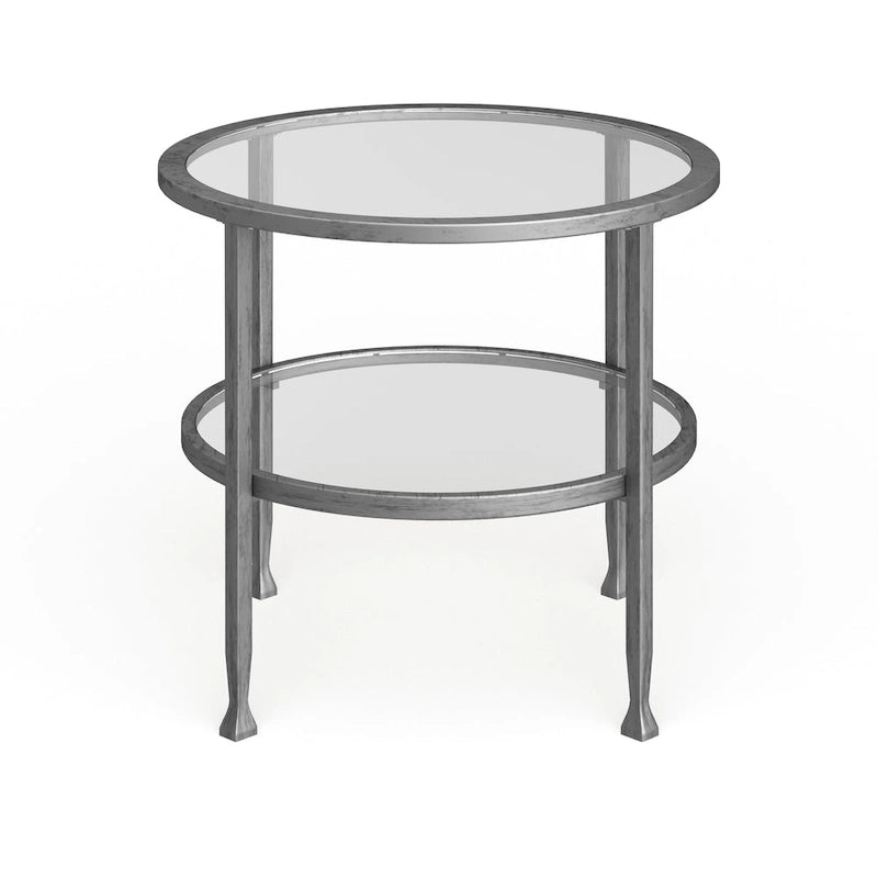 Table d’appoint ronde en métal argenté avec étagère
