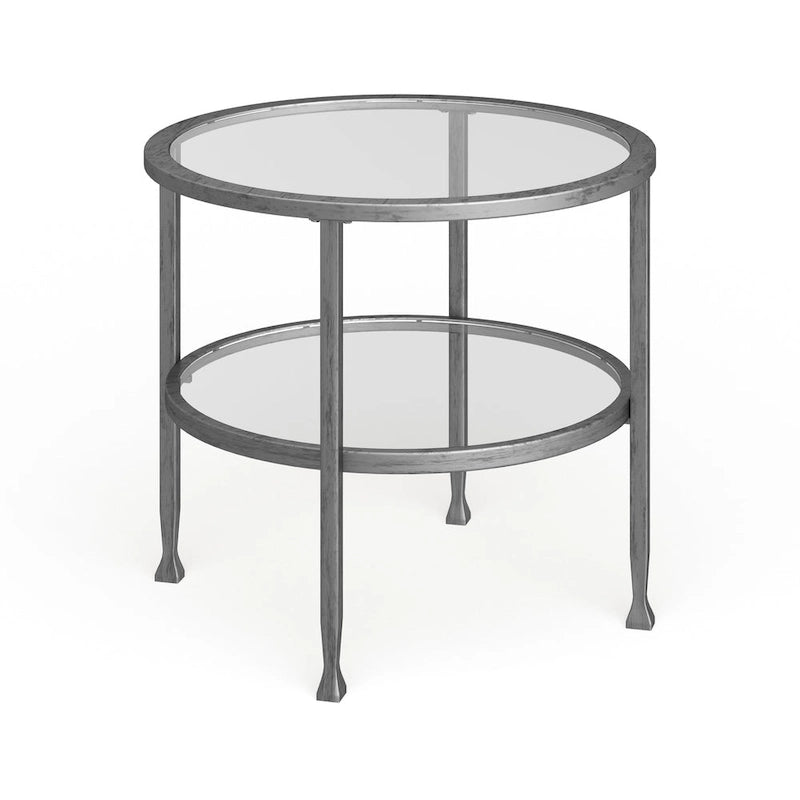Table d’appoint ronde en métal argenté avec étagère
