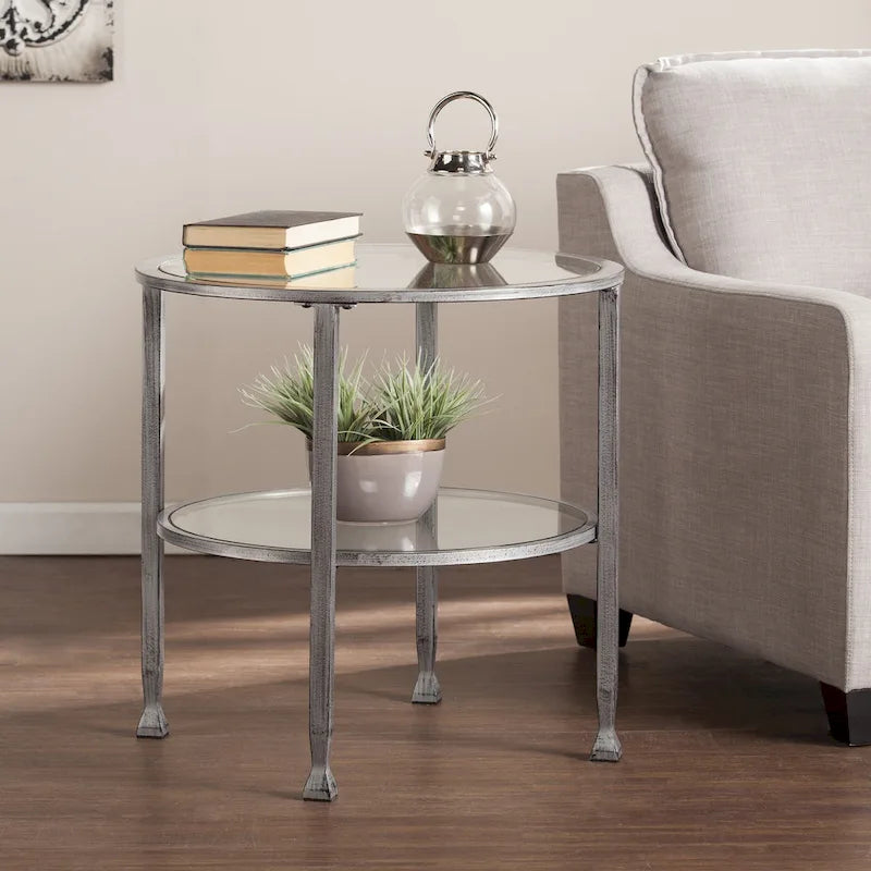 Table d’appoint ronde en métal argenté avec étagère