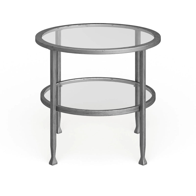 Table d’appoint ronde en métal argenté avec étagère