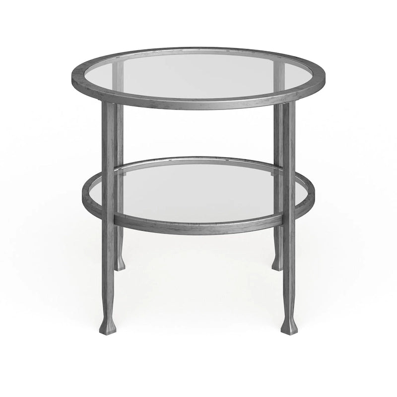 Table d’appoint ronde en métal argenté avec étagère