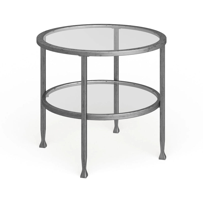 Table d’appoint ronde en métal argenté avec étagère