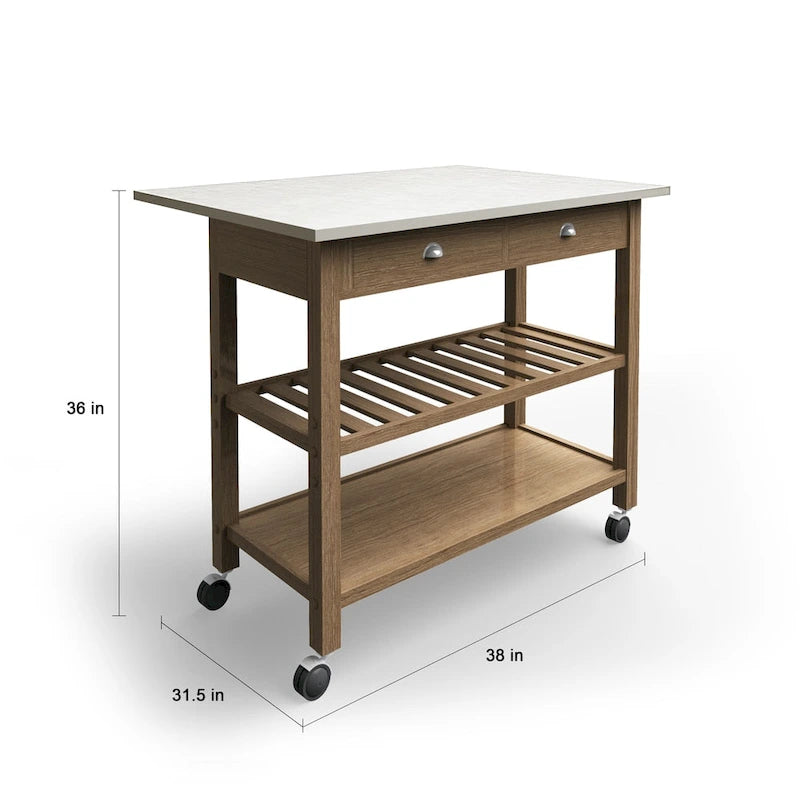 Carrito de cocina de madera y acero inoxidable con ala abatible