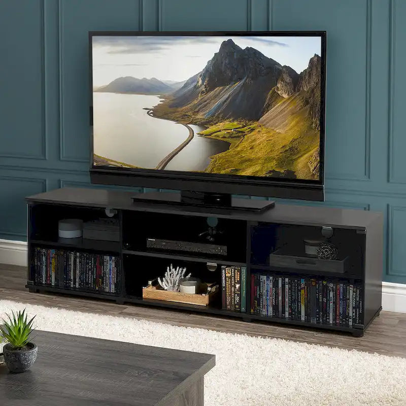 Schwarzer TV-Ständer mit Glastüren, für Fernseher bis zu 85 Zoll