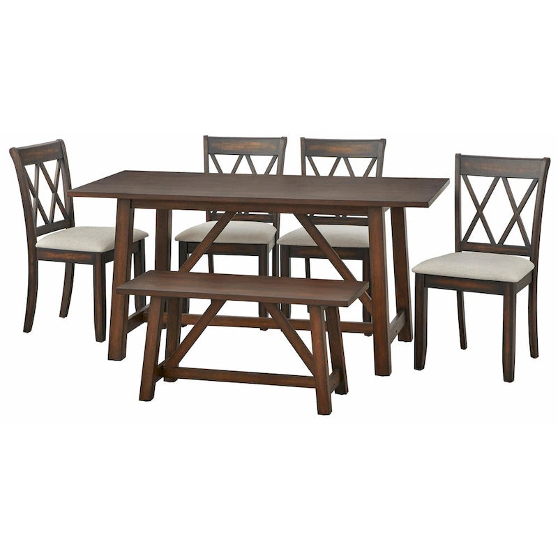 Table de salle à manger en bois style maison de campagne avec piètement en A, table rustique rectangulaire à tréteaux