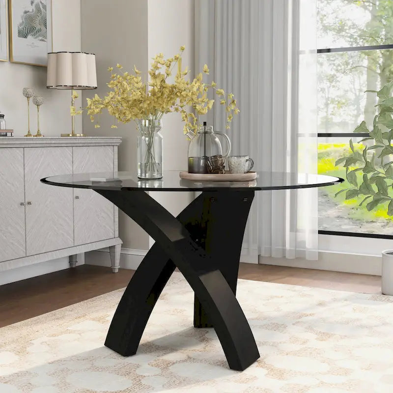 Table de salle à manger contemporaine ronde avec plateau en verre de 52 pouces